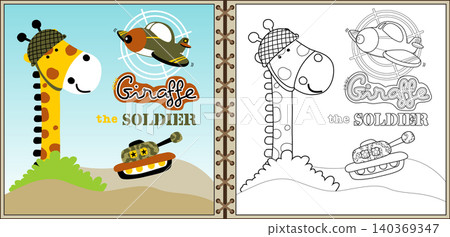 Funny giraffe army cartoon vector with military equipment, coloring book or page Funny giraffe army cartoon vector with military equipment, coloring book or page 140369347