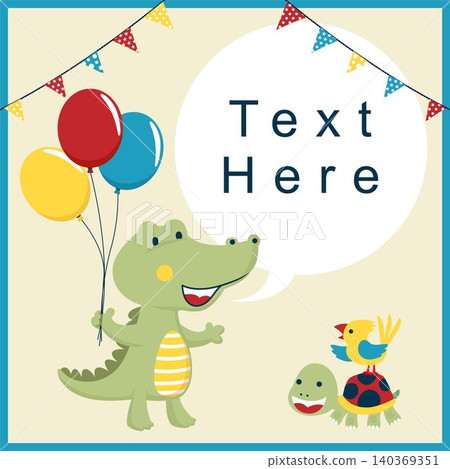 Invitation card template with funny crocodile cartoon holding colorful balloon, bird standing on turtle's back Invitation card template with funny crocodile cartoon holding colorful balloon, bird standing on turtle's back 140369351