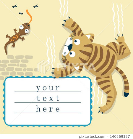 Invitation card template of a cat climbing wall, lizard hunting mosquitoes. Vector cartoon illustration Invitation card template of a cat climbing wall, lizard hunting mosquitoes. Vector cartoon illustration 140369357
