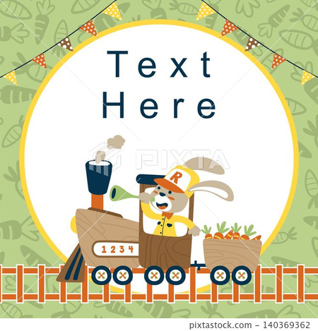 Vector cartoon of invitation card template with bunny on wooden steam train holding trumpet on carrots pattern Vector cartoon of invitation card template with bunny on wooden steam train holding trumpet on carrots pattern 140369362