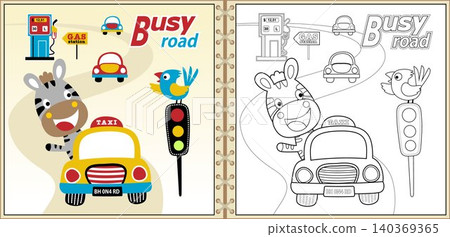 Cartoon vector of cute zebra driving car, bird perching on traffic light, traffic elements, coloring book Cartoon vector of cute zebra driving car, bird perching on traffic light, traffic elements, coloring book 140369365