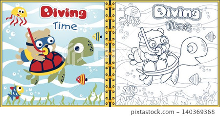 Vector cartoon of funny bear diving with marine animals. Coloring book or page Vector cartoon of funny bear diving with marine animals. Coloring book or page 140369368
