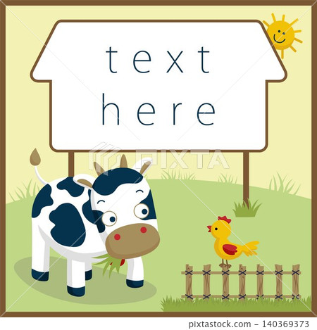 Funny farm animals cartoon vector. Cow eat grass, chicken on fence. Invitation card templates Funny farm animals cartoon vector. Cow eat grass, chicken on fence. Invitation card templates 140369373