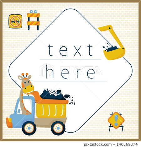 Vector cartoon of cute giraffe on truck, construction elements. Invitation card templates 140369374