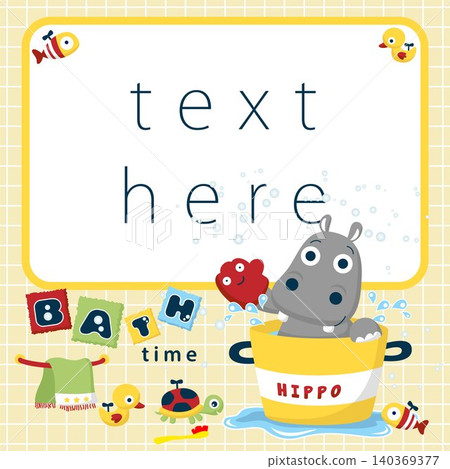Cartoon vector of baby hippo bathing with toys, bathroom elements illustration. Invitation card templates Cartoon vector of baby hippo bathing with toys, bathroom elements illustration. Invitation card templates 140369377