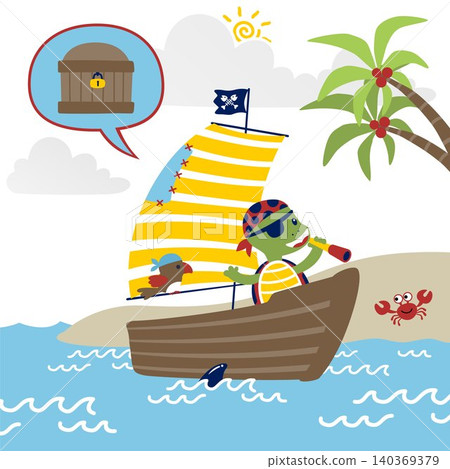 Cartoon vector of funny turtle with parrot in pirate costume on sailboat, pirate sailing elements Cartoon vector of funny turtle with parrot in pirate costume on sailboat, pirate sailing elements 140369379