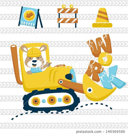 Cartoon vector of cute kangaroo driving construction vehicle on tire tracks background, construction elements Cartoon vector of cute kangaroo driving construction vehicle on tire tracks background, construction elements 140369380