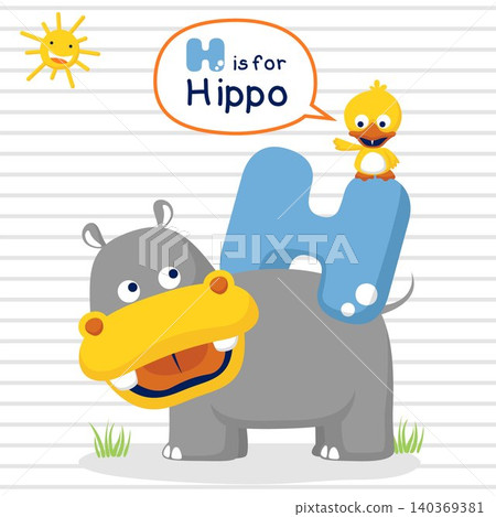 Cartoon vector of cute hippo and little duck on striped background Cartoon vector of cute hippo and little duck on striped background 140369381