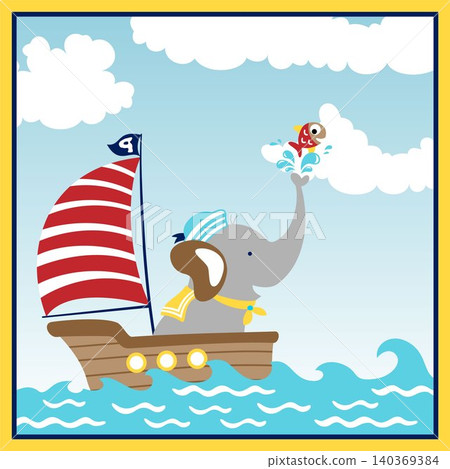 Cartoon vector of cute elephant in sailor costume on sailboat with a fish. Cartoon vector of cute elephant in sailor costume on sailboat with a fish. 140369384