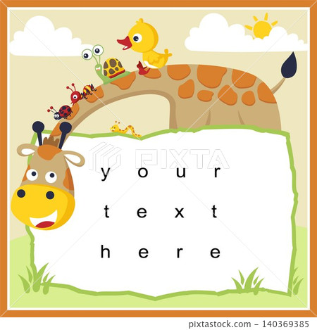 Frame template for invitation card. Vector illustration of animals cartoon. Duck, snail, ant, ladybug and caterpillar on giraffe's neck Frame template for invitation card. Vector illustration of animals cartoon. Duck, snail, ant, ladybug and caterpillar on giraffe's neck 140369385