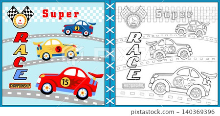 Vector cartoon of super car racing, coloring page or book Vector cartoon of super car racing, coloring page or book 140369396
