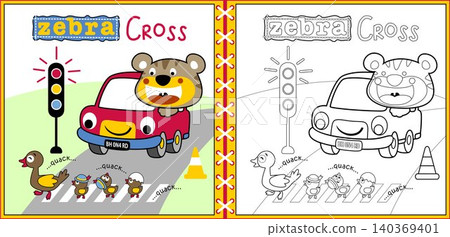 Vector cartoon of duck family cross road, cute cat on car, traffic elements, coloring page or book Vector cartoon of duck family cross road, cute cat on car, traffic elements, coloring page or book 140369401