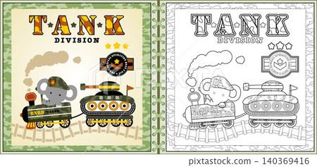 Cartoon vector of cute elephant on camouflage steam train with armored vehicle, coloring page or book Cartoon vector of cute elephant on camouflage steam train with armored vehicle, coloring page or book 140369416