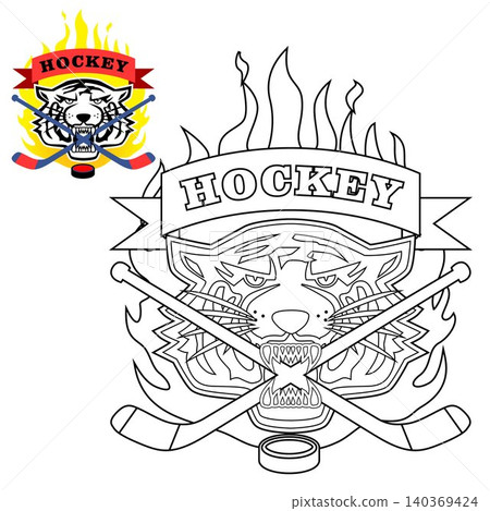 Vector of tiger head bite hockey stick, hockey logo team, coloring page or book Vector of tiger head bite hockey stick, hockey logo team, coloring page or book 140369424