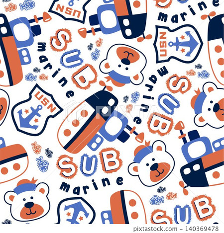 seamless vector pattern of submarine cartoon with funny bear sailor, sailor element illustration seamless vector pattern of submarine cartoon with funny bear sailor, sailor element illustration 140369478