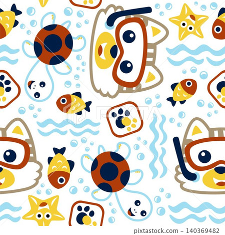 seamless vector pattern of little cat wearing diving goggles, marine life elements cartoon seamless vector pattern of little cat wearing diving goggles, marine life elements cartoon 140369482