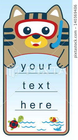 Funny animal cartoon vector character on card template, cat with goggles diving, turtle with fish Funny animal cartoon vector character on card template, cat with goggles diving, turtle with fish 140369486