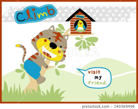 Funny cat cartoon vector climb a tree to visit his friend on tree, a hen laying eggs on tree Funny cat cartoon vector climb a tree to visit his friend on tree, a hen laying eggs on tree 140369496