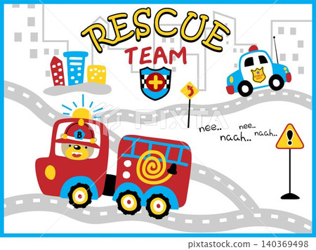 Vector of rescue vehicle cartoon with funny bear driving fire truck, city traffic elements cartoon Vector of rescue vehicle cartoon with funny bear driving fire truck, city traffic elements cartoon 140369498