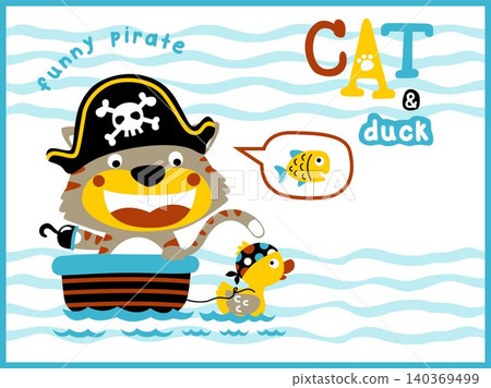 Vector cartoon of cat and duck in pirate costume in the sea 140369499