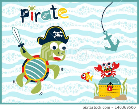 Vector cartoon of marine animals in pirate costume with treasure chest, undersea element illustration 140369500