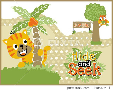Cartoon vector of tiger and owl playing hide and seek in forest Cartoon vector of tiger and owl playing hide and seek in forest 140369501