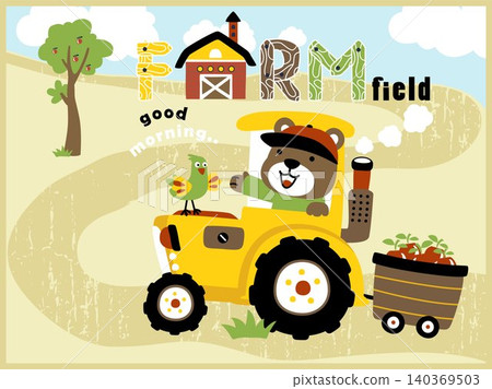 Cartoon vector of cute bear with chicken on tractor, farming element illustration Cartoon vector of cute bear with chicken on tractor, farming element illustration 140369503