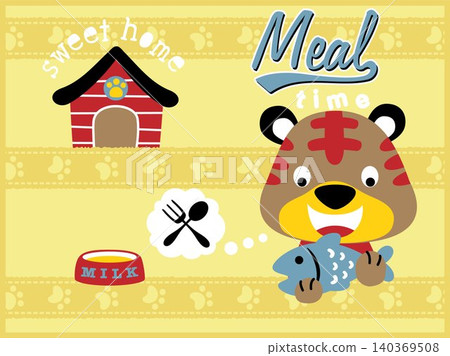 cartoon vector of little cat holding fish, pets element cartoon 140369508