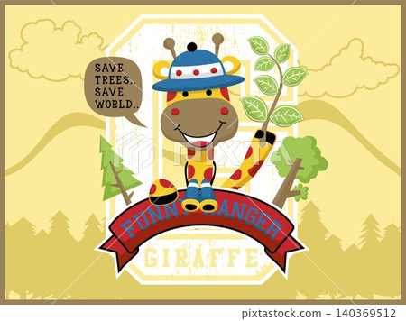 Cartoon vector of cute giraffe with binocular and ranger's cap holding tree branches, ranger elements illustration Cartoon vector of cute giraffe with binocular and ranger's cap holding tree branches, ranger elements illustration 140369512