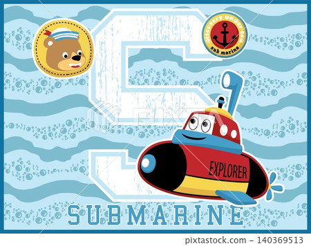 Cartoon vector of funny submarine with cute bear smile face on blue wave background, sailor element illustration 140369513