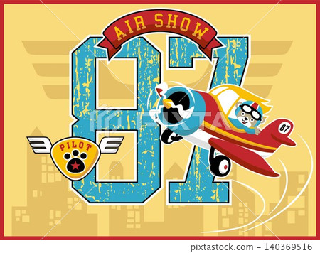 Cute bear pilot cartoon vector on plane on big number background, air show elements on buildings background Cute bear pilot cartoon vector on plane on big number background, air show elements on buildings background 140369516