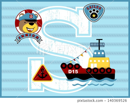 Tugboat cartoon vector with funny bear sailor on rope background, sailing elements illustration Tugboat cartoon vector with funny bear sailor on rope background, sailing elements illustration 140369526