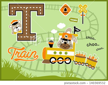Cartoon vector of funny rabbit on steam train carrying carrots, cute bear in T letter, railroad elements cartoon Cartoon vector of funny rabbit on steam train carrying carrots, cute bear in T letter, railroad elements cartoon 140369532