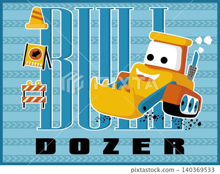 Funny bulldozer cartoon vector with construction elements on tire track background Funny bulldozer cartoon vector with construction elements on tire track background 140369533