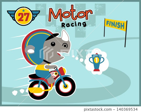 Vector cartoon of motor racing with funny rhino riding motorcycle, motor race elements illustration Vector cartoon of motor racing with funny rhino riding motorcycle, motor race elements illustration 140369534