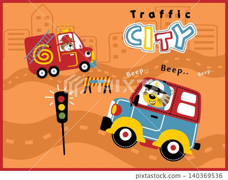 Cartoon vector of city traffic elements, funny cat driving car and fire truck Cartoon vector of city traffic elements, funny cat driving car and fire truck 140369536