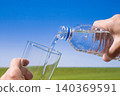 Mineral water being poured into a glass against a backdrop of a blue sky. Mineral water being poured into a glass against a backdrop of a blue sky. 140369591