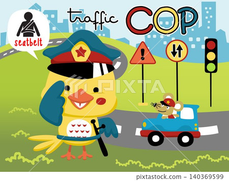 Vector cartoon of cute bird in traffic cop accessories, mouse driving car, city traffic elements illustration Vector cartoon of cute bird in traffic cop accessories, mouse driving car, city traffic elements illustration 140369599