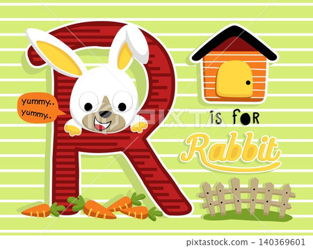 Vector of little bunny cartoon in big R letter, the garden with carrots and little home 140369601
