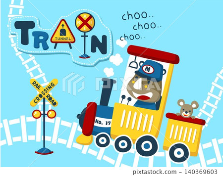Cartoon vector of cute rhino with mouse on steam train, railway elements illustration 140369603