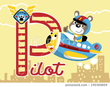 Cartoon vector of cute bear pilot on funny plane flying across buildings 140369604