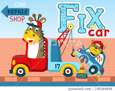 Cartoon vector of giraffe driving tow truck pulling a break down car with funny bear on bricks background 140369606