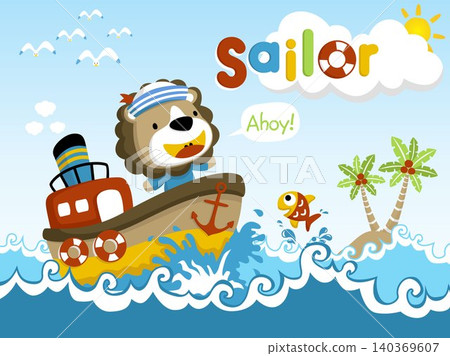 Cartoon vector of cute lion on ship, little island in the sea, funny fish jumping Cartoon vector of cute lion on ship, little island in the sea, funny fish jumping 140369607