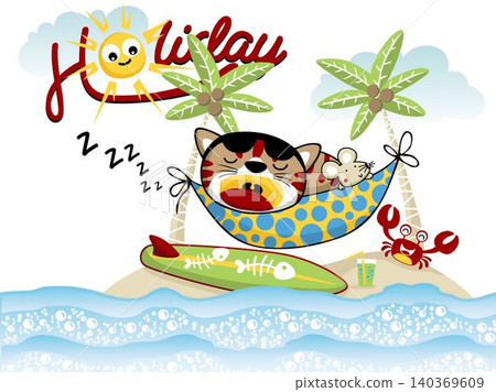 Cartoon vector of cat and mouse on hummock, summer beach holiday elements Cartoon vector of cat and mouse on hummock, summer beach holiday elements 140369609