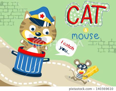 Cartoon vector of cat wearing police cap chasing mouse the cheese thief Cartoon vector of cat wearing police cap chasing mouse the cheese thief 140369610
