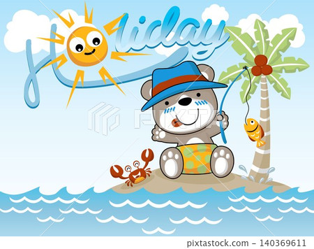 Vector cartoon illustration of cute bear with crab fishing in the beach at summer holiday Vector cartoon illustration of cute bear with crab fishing in the beach at summer holiday 140369611