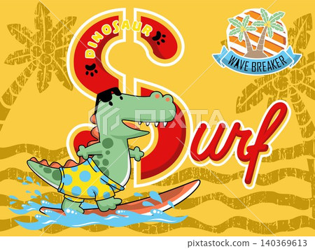 Cartoon vector of dinosaur surfing on palm tree background, surf element illustration Cartoon vector of dinosaur surfing on palm tree background, surf element illustration 140369613