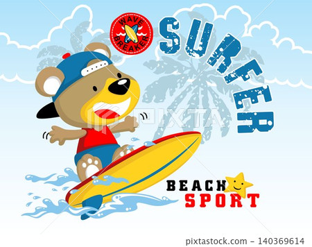 Vector cartoon of funny bear surfing, surfing element illustration 140369614