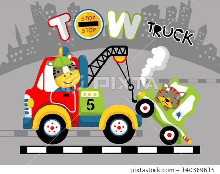 Cartoon vector of zebra driving tow truck pulling breakdown car with cat on buildings background 140369615