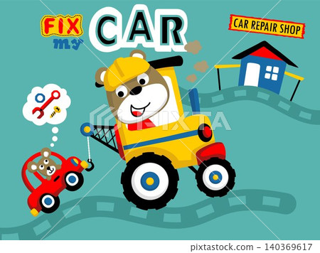 Cartoon vector of cute bear driving tow truck pulling breakdown car with a mouse Cartoon vector of cute bear driving tow truck pulling breakdown car with a mouse 140369617